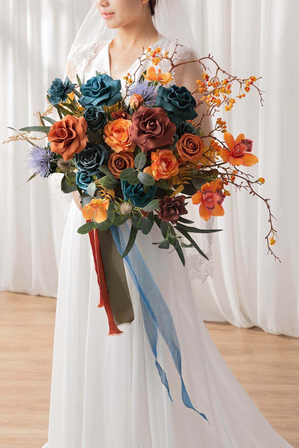 Medium Free-Form Bridal Bouquet in Dark Teal & Burnt Orange | Clearance