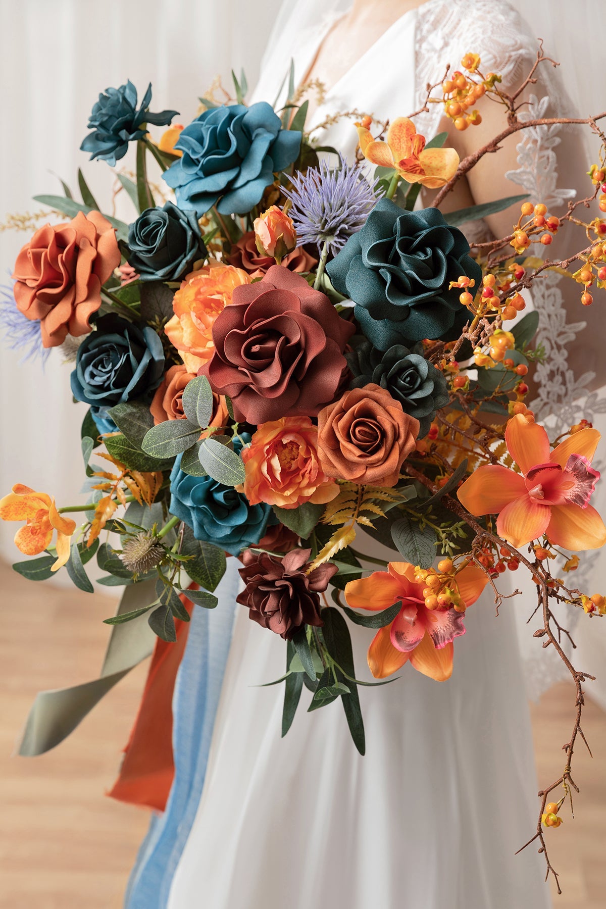 Medium Free-Form Bridal Bouquet in Dark Teal & Burnt Orange | Clearance