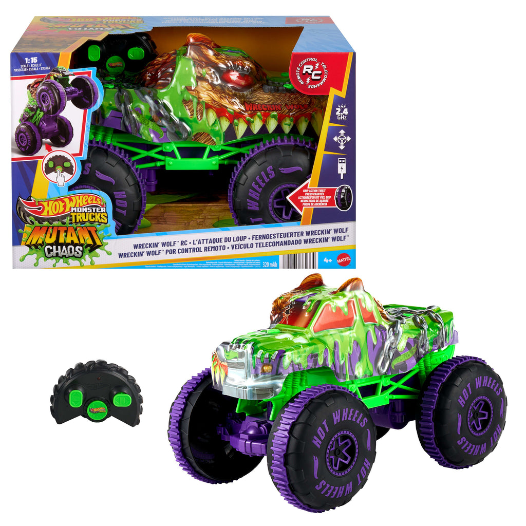 Hot Wheels Monster Trucks Mutant Chaos Wreckin’ Wolf RC, Battery-Powered Remote-Control Toy