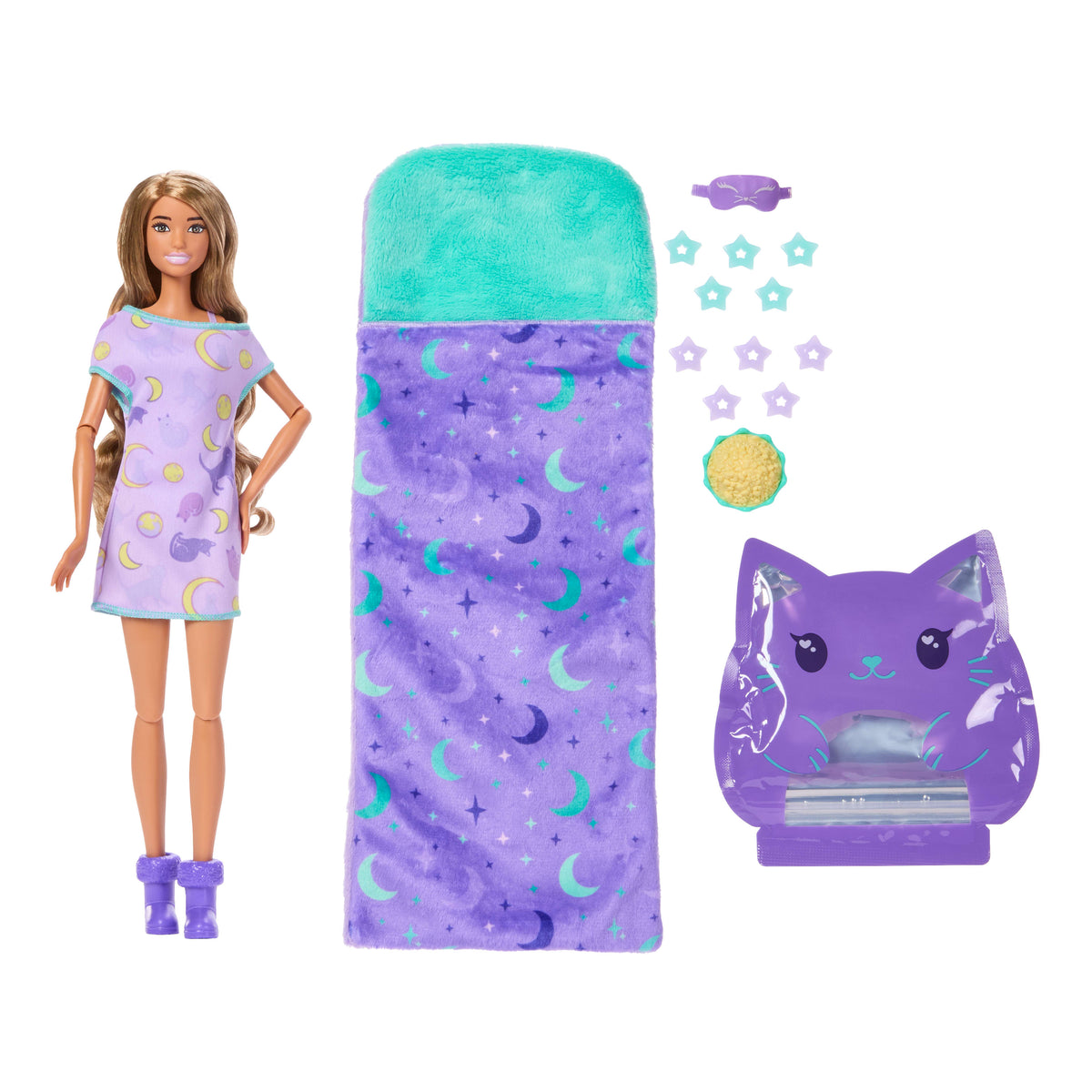Barbie Party Unboxed Sleepover Reveal Series Purple Pajama Doll & Accessories With 7 Surprises
