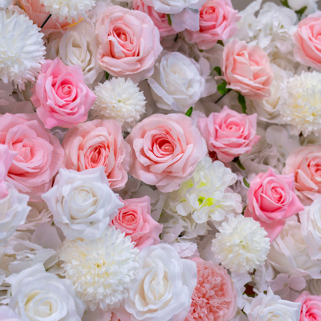 Valar Flowers' Exquisite Flower Wall: A Blend of Elegance and Durability with Soft Pink and White Artificial Blooms. Ideal for Weddings and Events. Easy Setup-VF-409