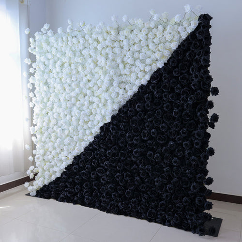 Dramatic Diagonal Split Black and White Artificial Floral Roll - Up Fabric Backdrop: A Must - Have for Prom. Graduation Party. and Event Photography - VF - 554