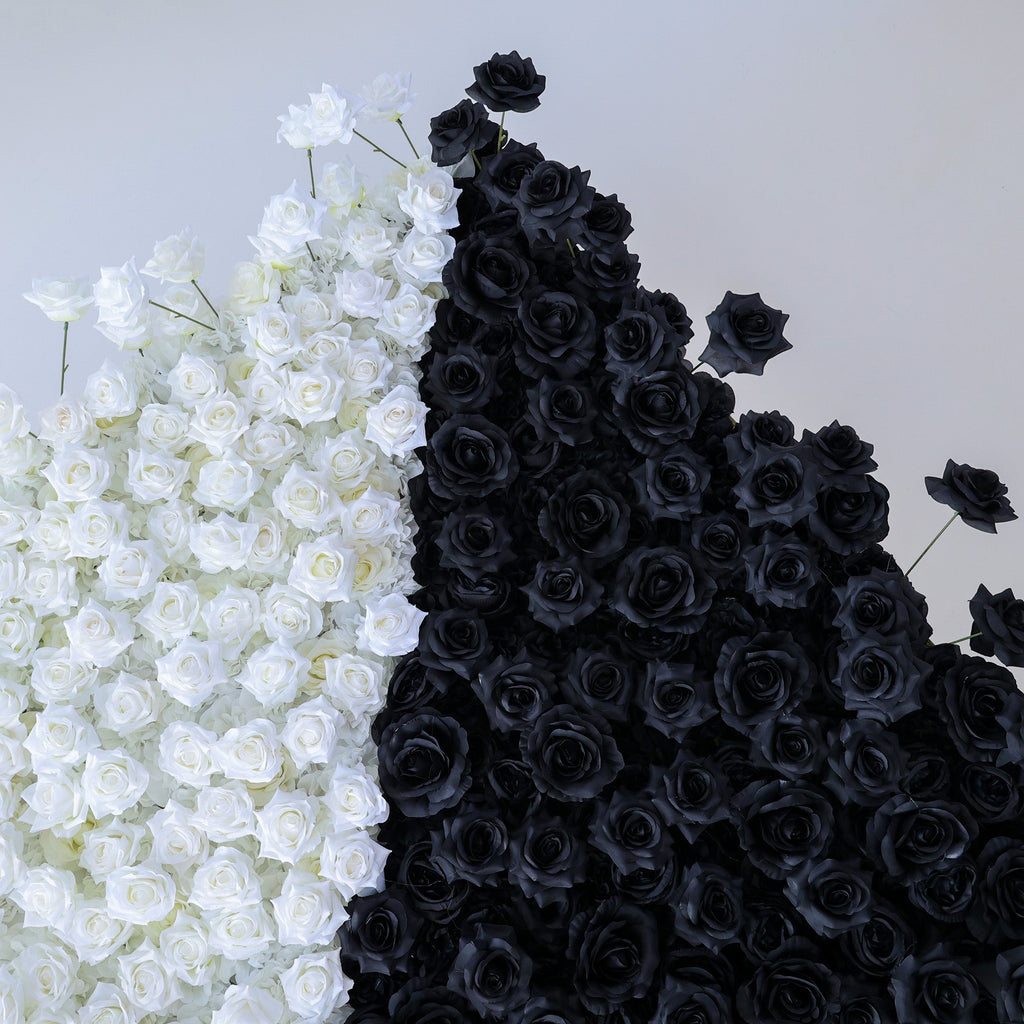 Dramatic Diagonal Split Black and White Artificial Floral Roll - Up Fabric Backdrop: A Must - Have for Prom. Graduation Party. and Event Photography - VF - 554