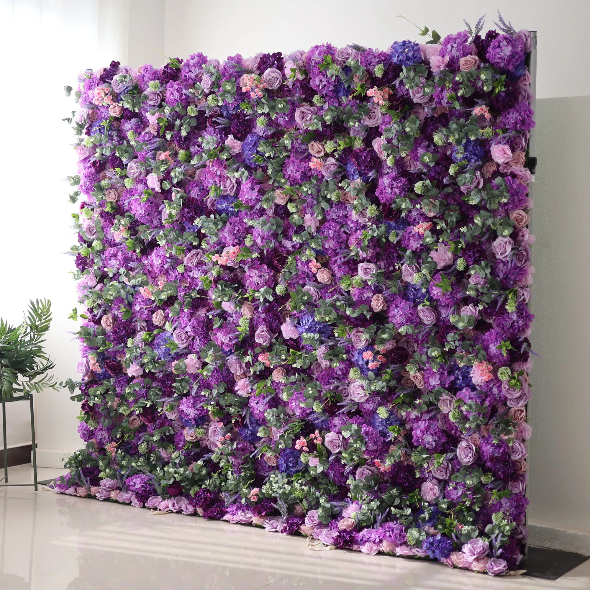 Valar Flowers Roll Up Fabric Artificial Purple Flower Wall Wedding Backdrop. Floral Party Decor. Event Photography-VF-192