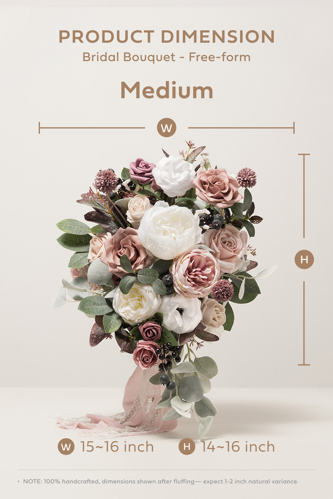 Medium Cascade Bridal Bouquet in Dusty Rose & Mauve
