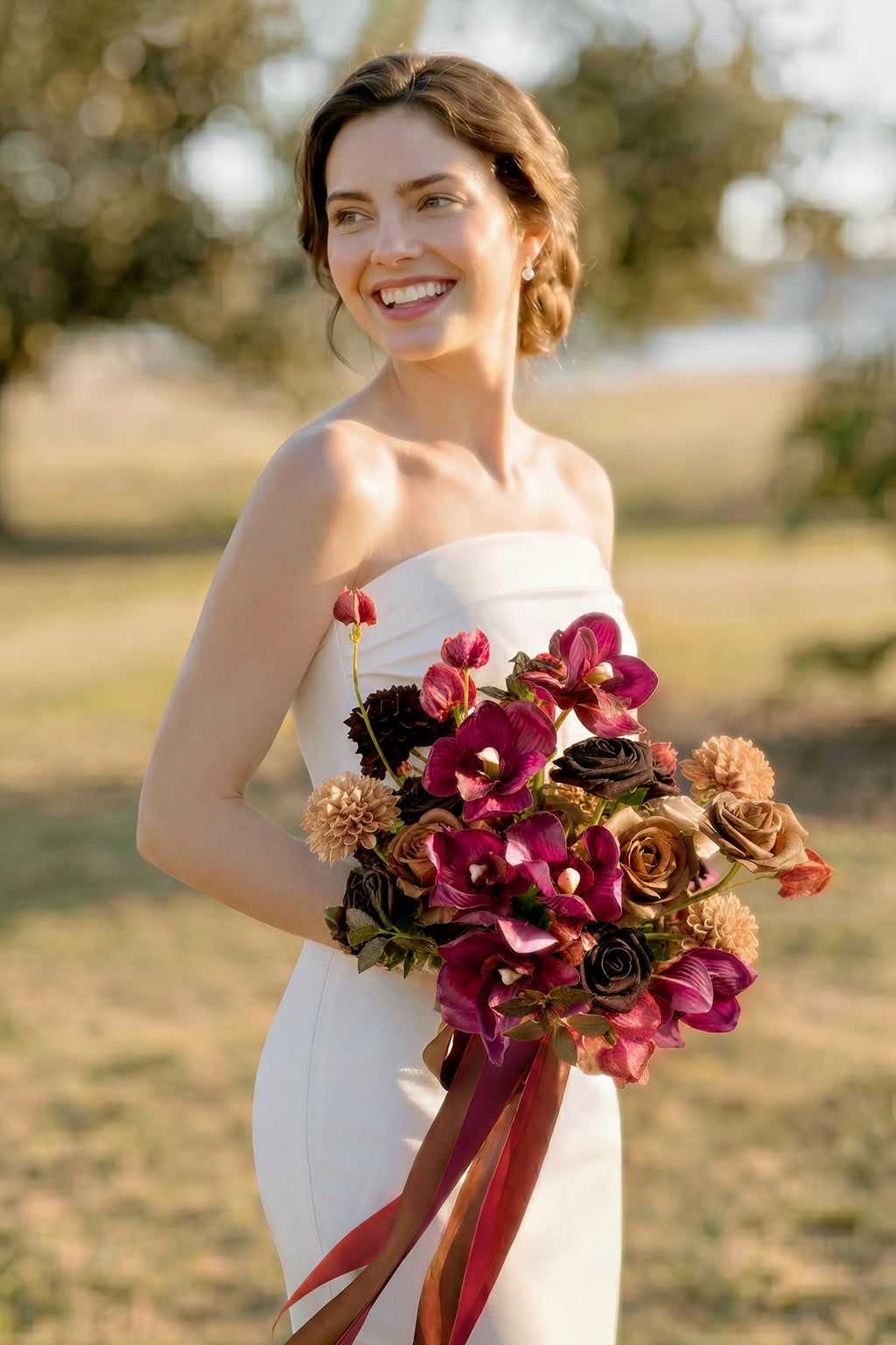 Small Free-Form Bridal Bouquet in Earth Brown & Black Baccara