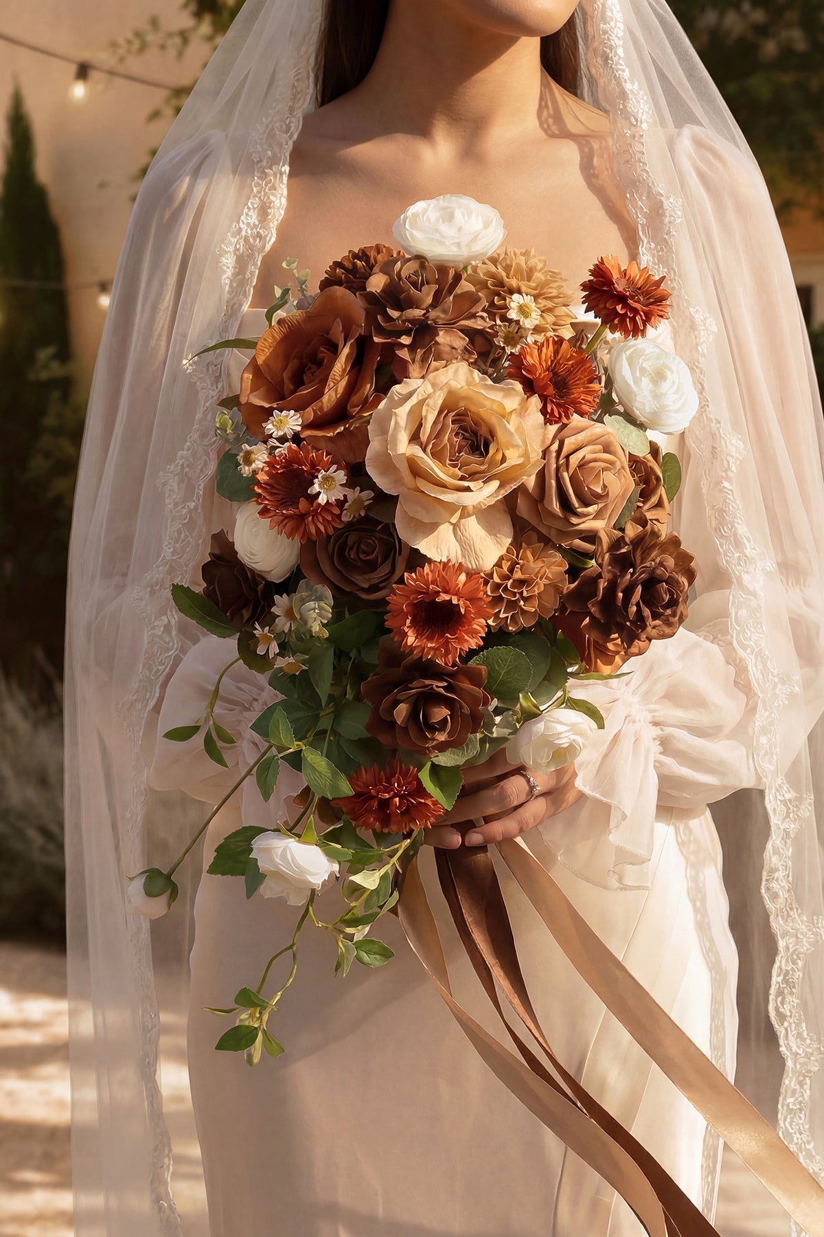 Small Free-Form Bridal Bouquet in Earth Brown & Sand Beige & Burnt Orange