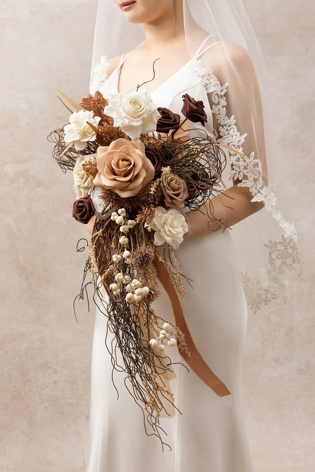 Small Cascade Bridal Bouquet in Beige Raw Serenity | Clearance