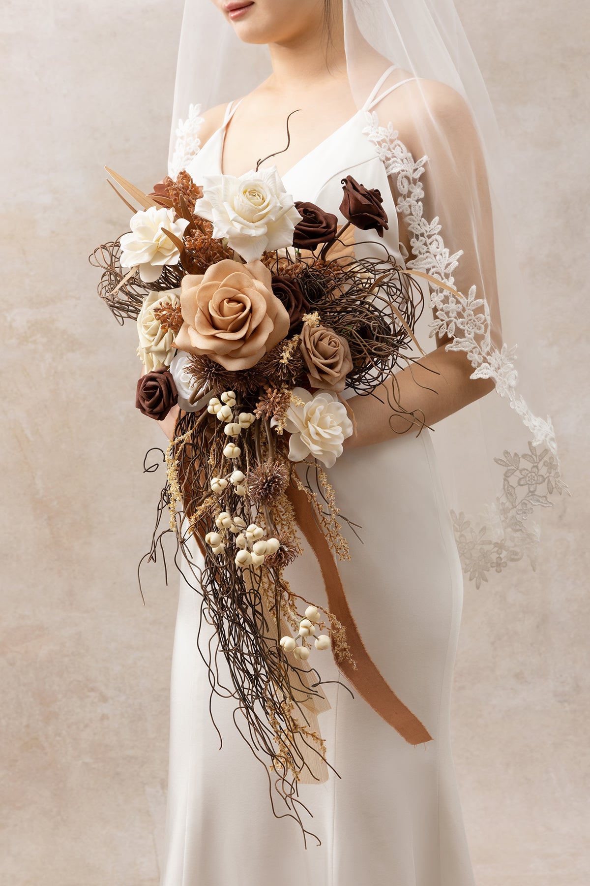 Small Cascade Bridal Bouquet in Beige Raw Serenity | Clearance