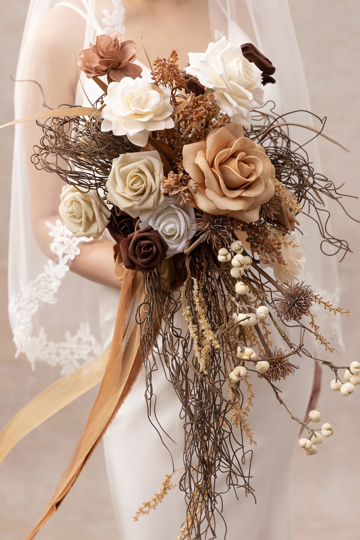 Small Cascade Bridal Bouquet in Beige Raw Serenity | Clearance