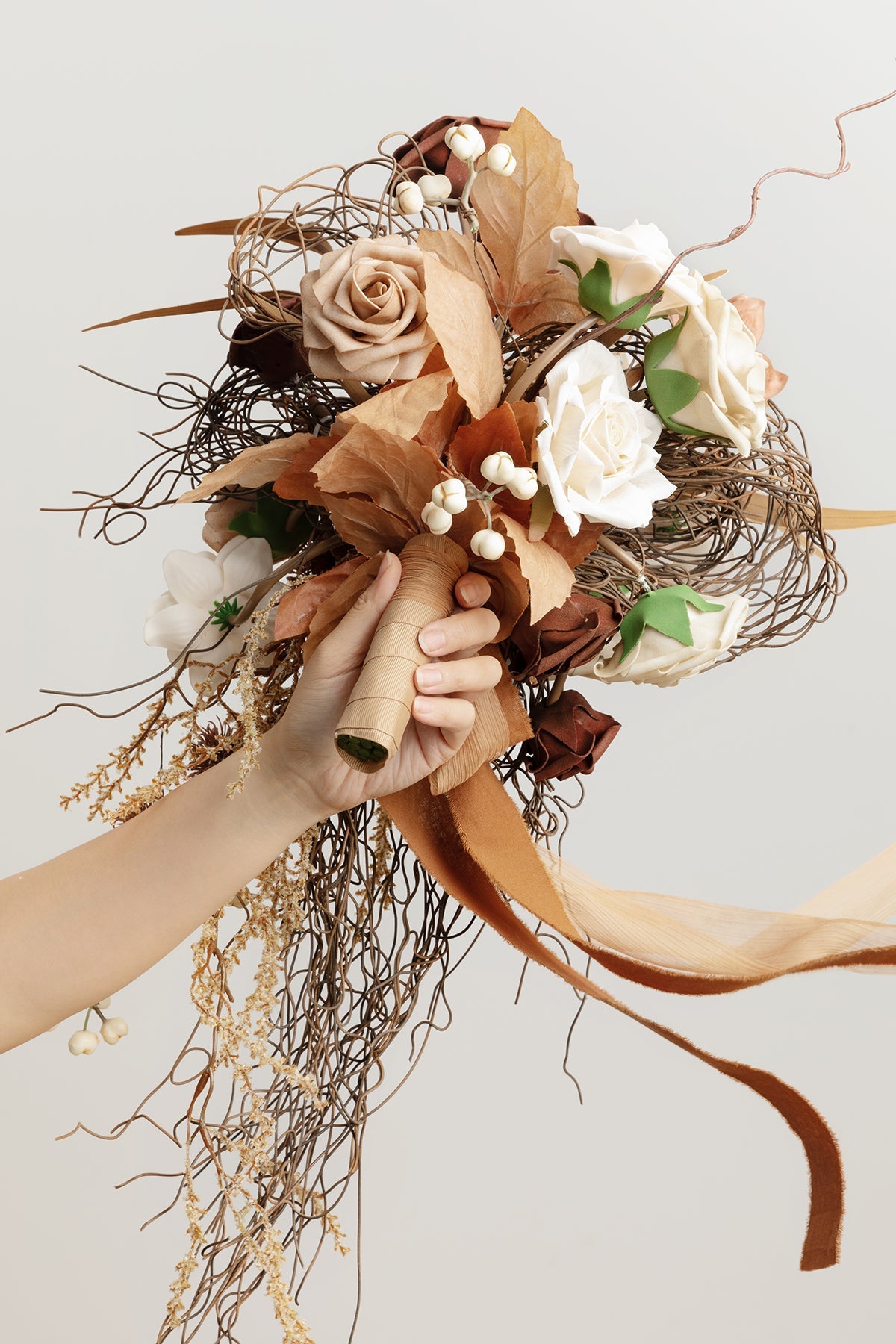 Small Cascade Bridal Bouquet in Beige Raw Serenity | Clearance