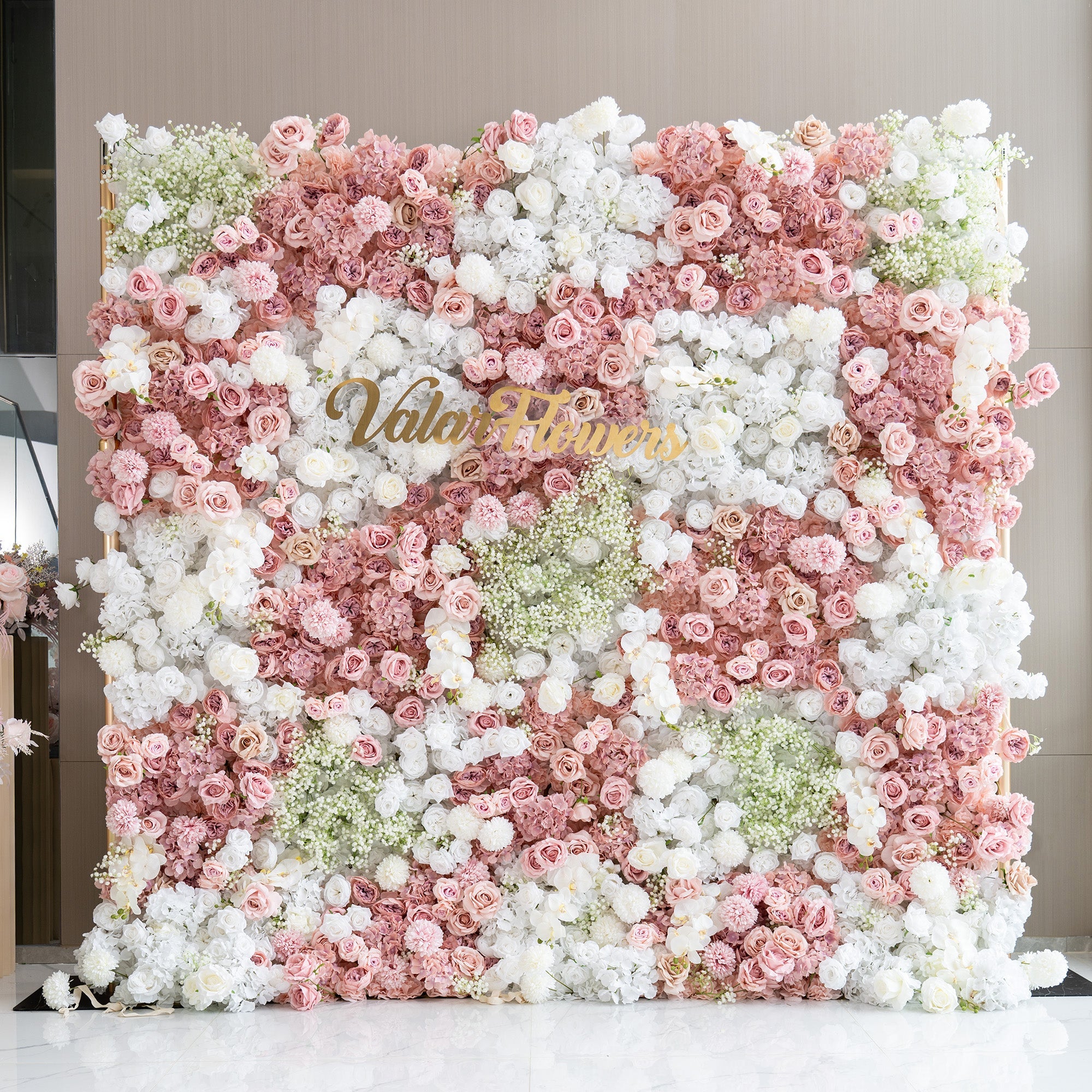 Romantic Floral Backdrop - Blush Nude and White Artificial Flower Wall for Weddings. Events. and Special Occasions-VF-418