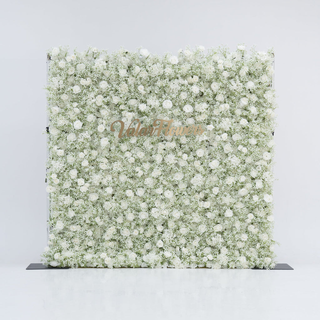 ValarFlowers Artificial Floral Wall Backdrop: Serene Meadows Artificial Floral Wall Backdrop: White Rose & Baby's Breath Edition-VF-268-2