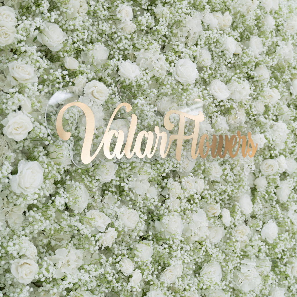 ValarFlowers Artificial Floral Wall Backdrop: Serene Meadows Artificial Floral Wall Backdrop: White Rose & Baby's Breath Edition-VF-268-2