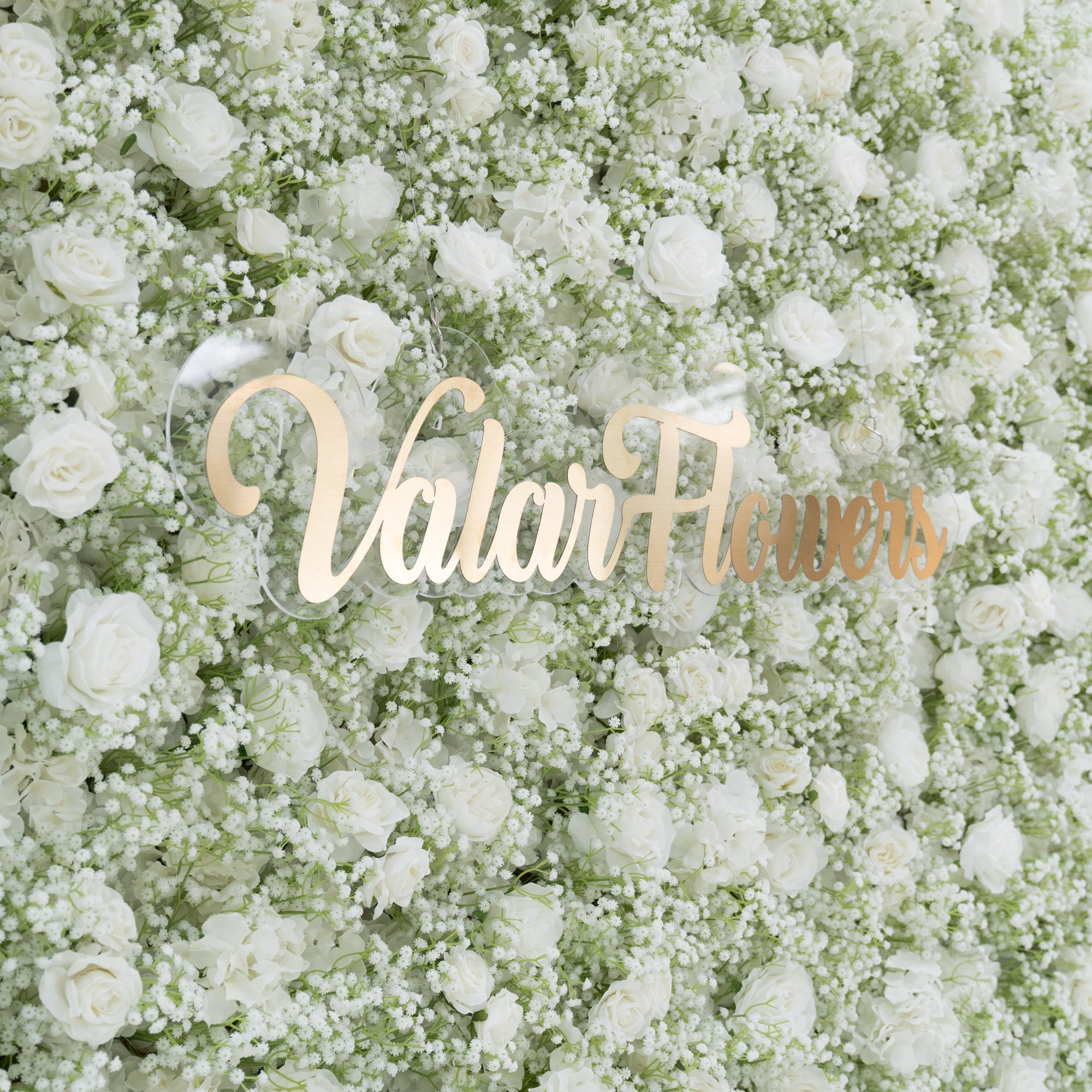 ValarFlowers Artificial Floral Wall Backdrop: Serene Meadows Artificial Floral Wall Backdrop: White Rose & Baby's Breath Edition-VF-268-2