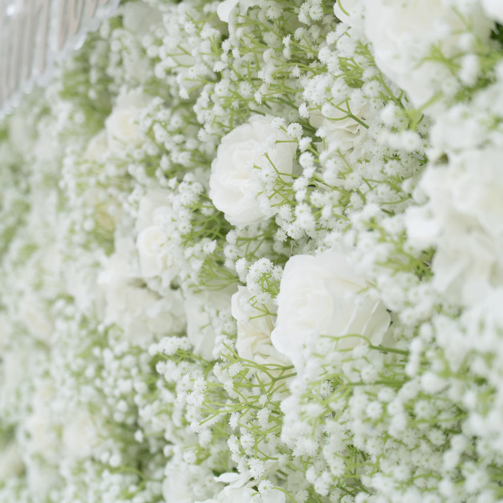 ValarFlowers Artificial Floral Wall Backdrop: Serene Meadows Artificial Floral Wall Backdrop: White Rose & Baby's Breath Edition-VF-268-2