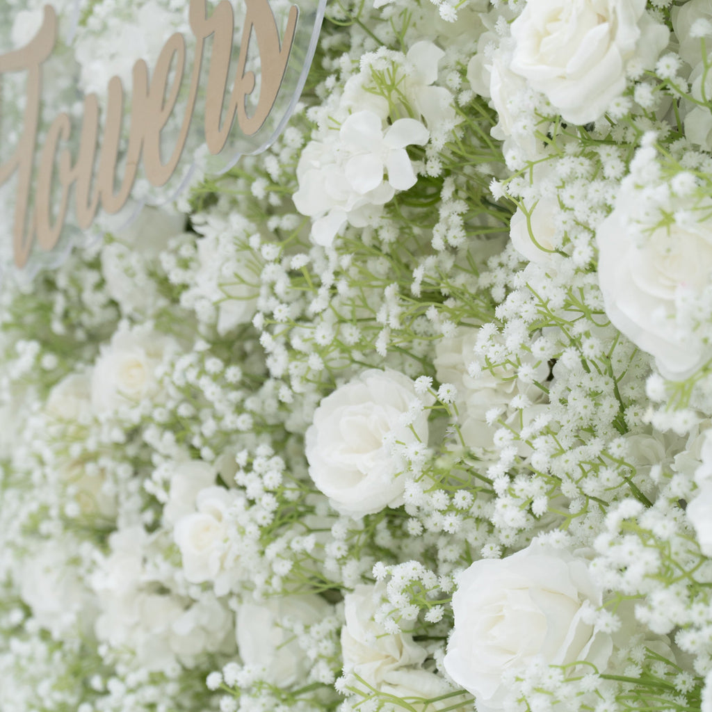 ValarFlowers Artificial Floral Wall Backdrop: Serene Meadows Artificial Floral Wall Backdrop: White Rose & Baby's Breath Edition-VF-268-2