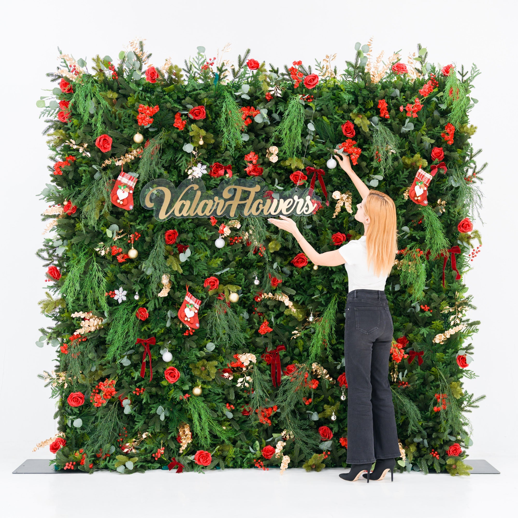 ValarFlowers Christmas Themed Floral Wall Backdrop: Festive Evergreen & Red Rose Masterpiece for Holiday Events & Decor-VF-491-2
