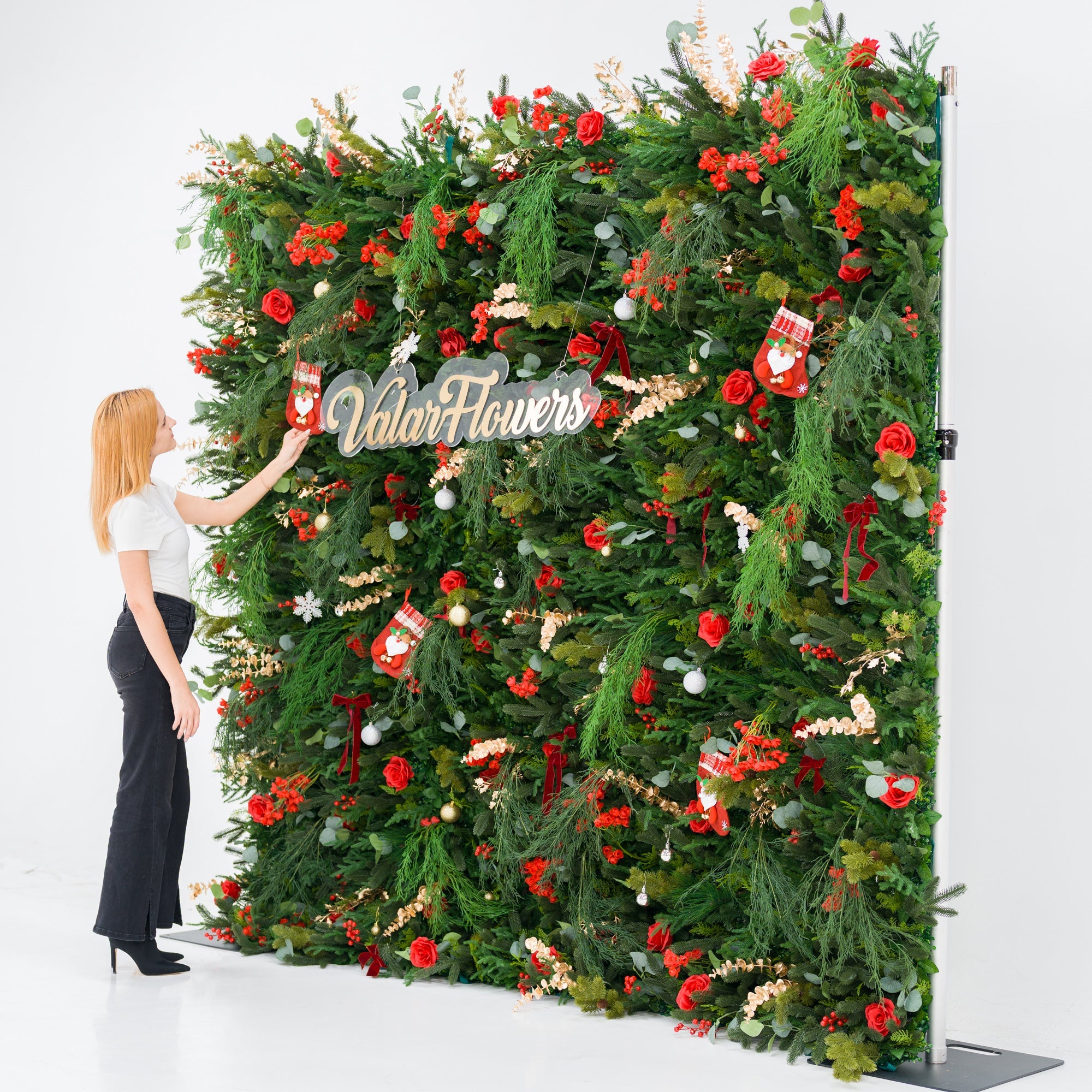ValarFlowers Christmas Themed Floral Wall Backdrop: Festive Evergreen & Red Rose Masterpiece for Holiday Events & Decor-VF-491-2
