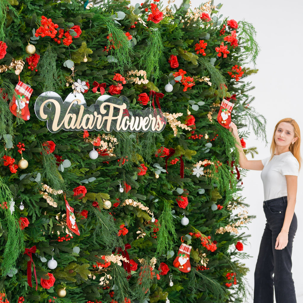 ValarFlowers Christmas Themed Floral Wall Backdrop: Festive Evergreen & Red Rose Masterpiece for Holiday Events & Decor-VF-491-2