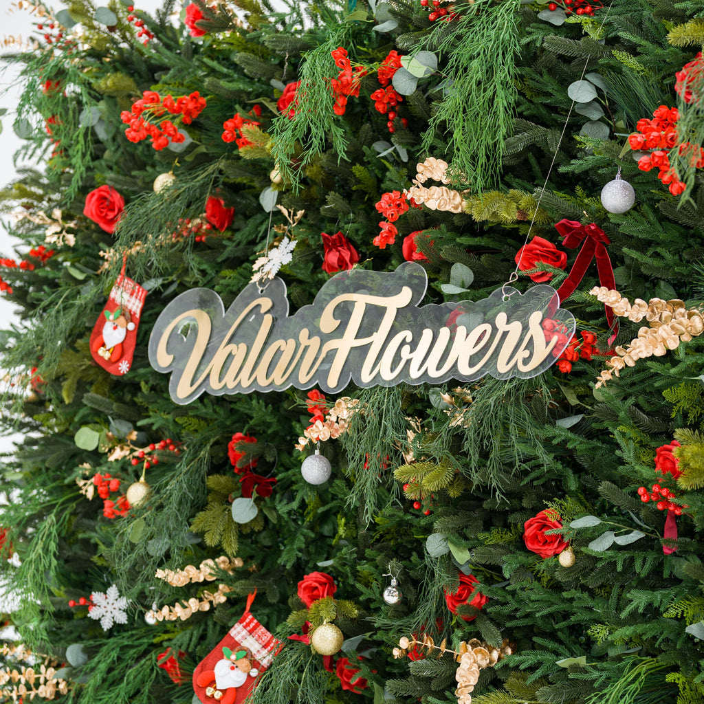 ValarFlowers Christmas Themed Floral Wall Backdrop: Festive Evergreen & Red Rose Masterpiece for Holiday Events & Decor-VF-491-2