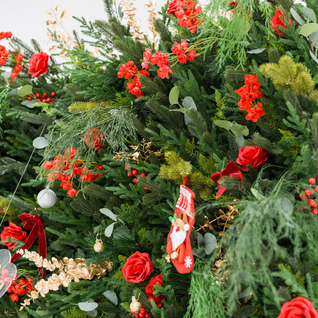 ValarFlowers Christmas Themed Floral Wall Backdrop: Festive Evergreen & Red Rose Masterpiece for Holiday Events & Decor-VF-491-2