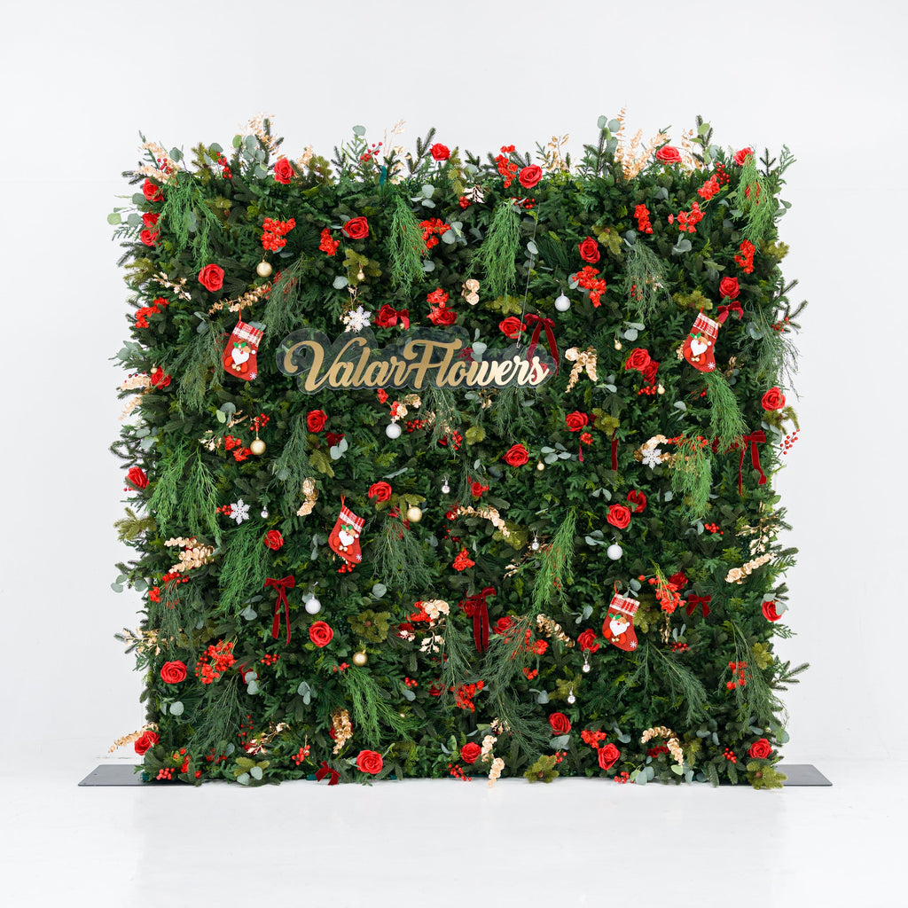 ValarFlowers Christmas Themed Floral Wall Backdrop: Festive Evergreen & Red Rose Masterpiece for Holiday Events & Decor-VF-491-2