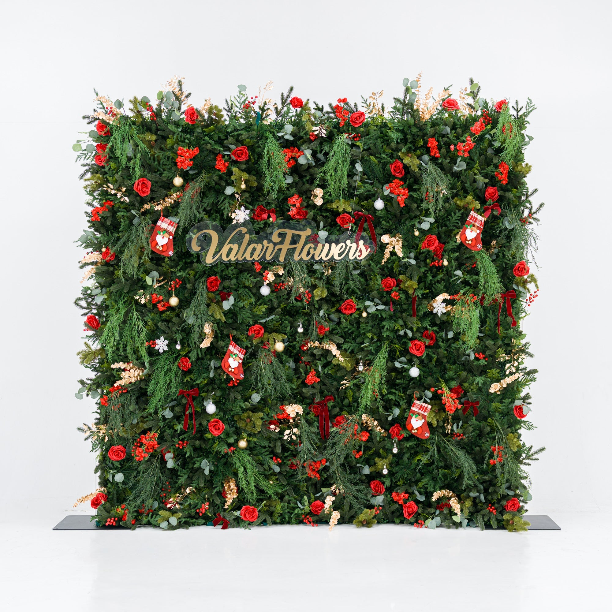 ValarFlowers Christmas Themed Floral Wall Backdrop: Festive Evergreen & Red Rose Masterpiece for Holiday Events & Decor-VF-491-2