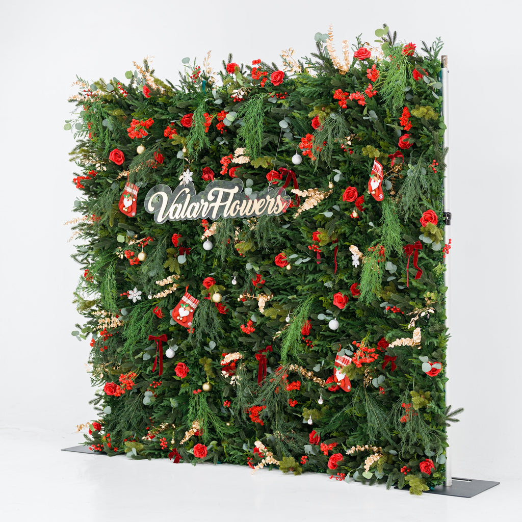 ValarFlowers Christmas Themed Floral Wall Backdrop: Festive Evergreen & Red Rose Masterpiece for Holiday Events & Decor-VF-491-2
