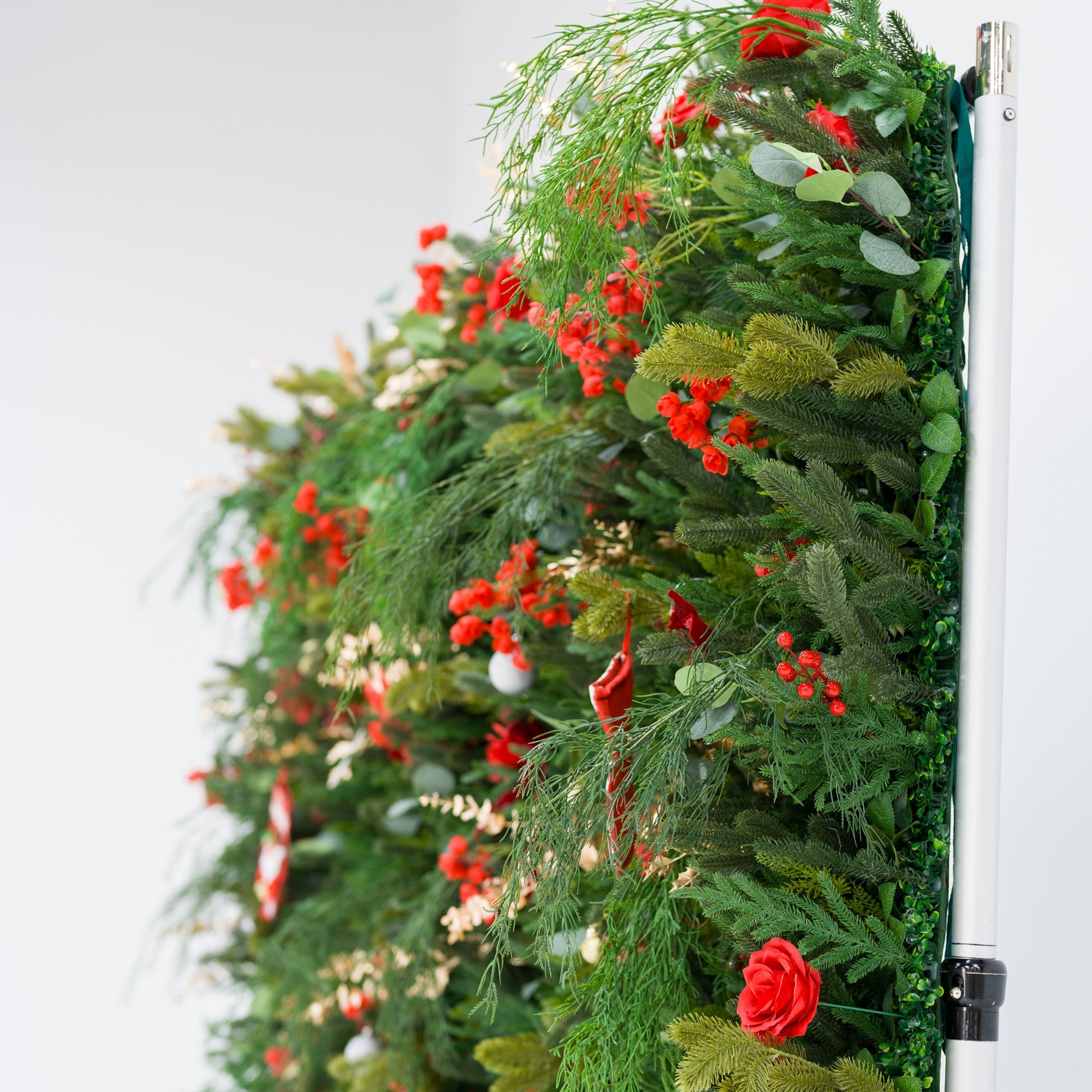 ValarFlowers Christmas Themed Floral Wall Backdrop: Festive Evergreen & Red Rose Masterpiece for Holiday Events & Decor-VF-491-2
