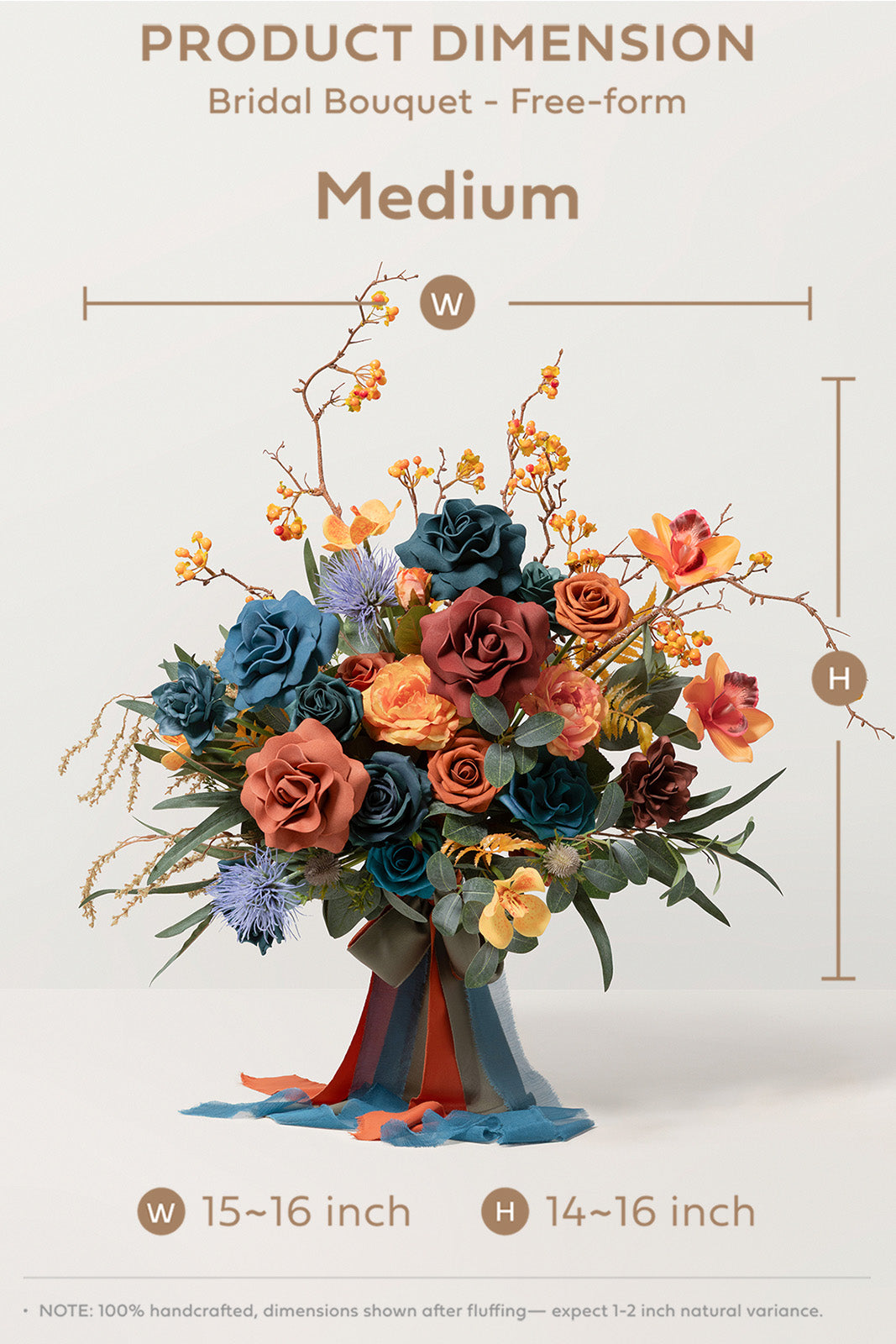Medium Free-Form Bridal Bouquet in Dark Teal & Burnt Orange | Clearance
