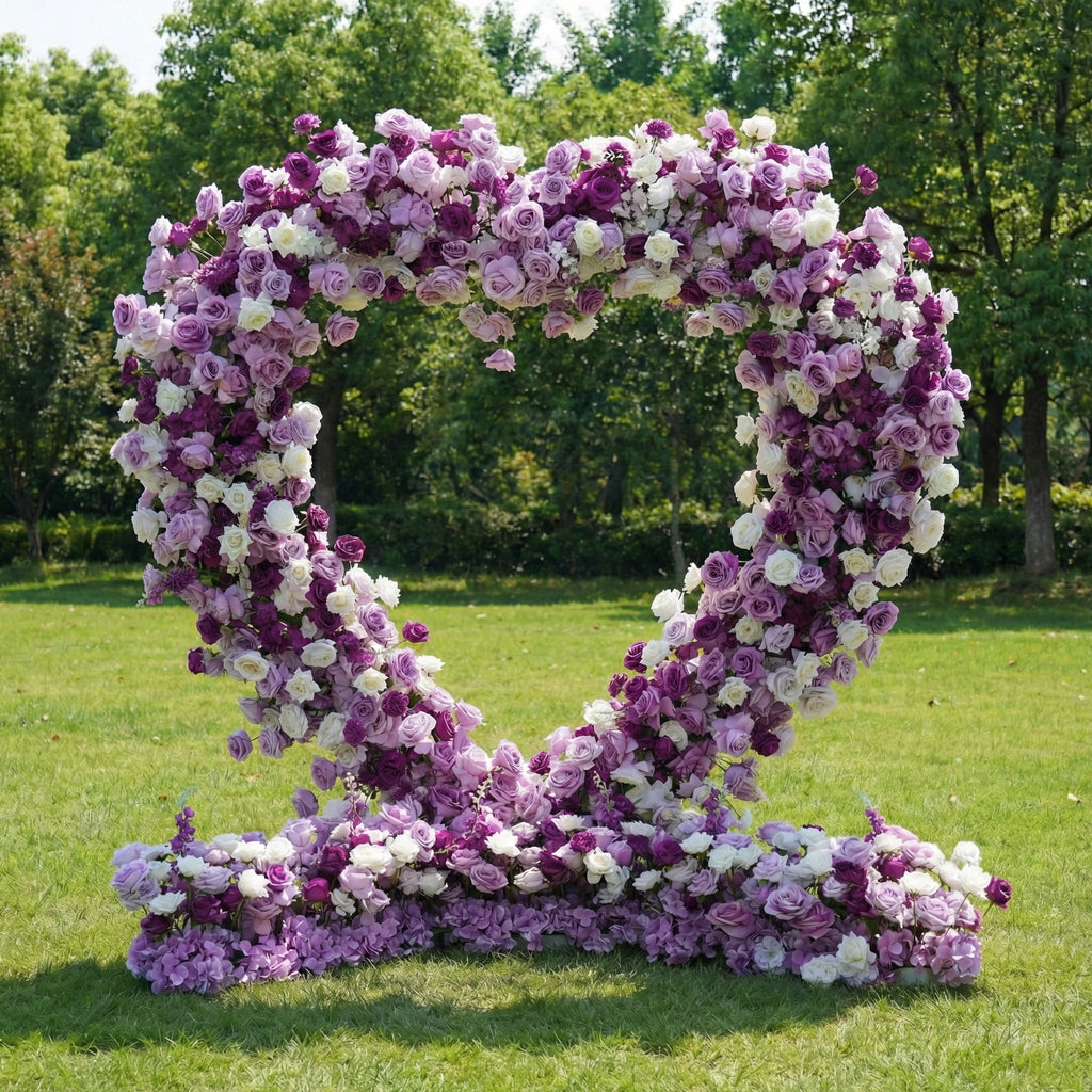 Valar Flowers Heart-Shaped Purple & White Floral Arch with Optional Marry Me LED Sign-VA-367