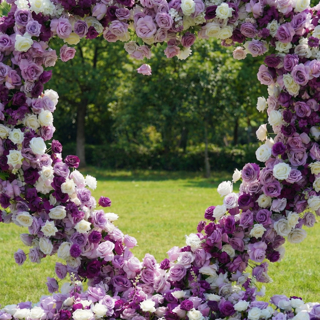 Valar Flowers Heart-Shaped Purple & White Floral Arch with Optional Marry Me LED Sign-VA-367