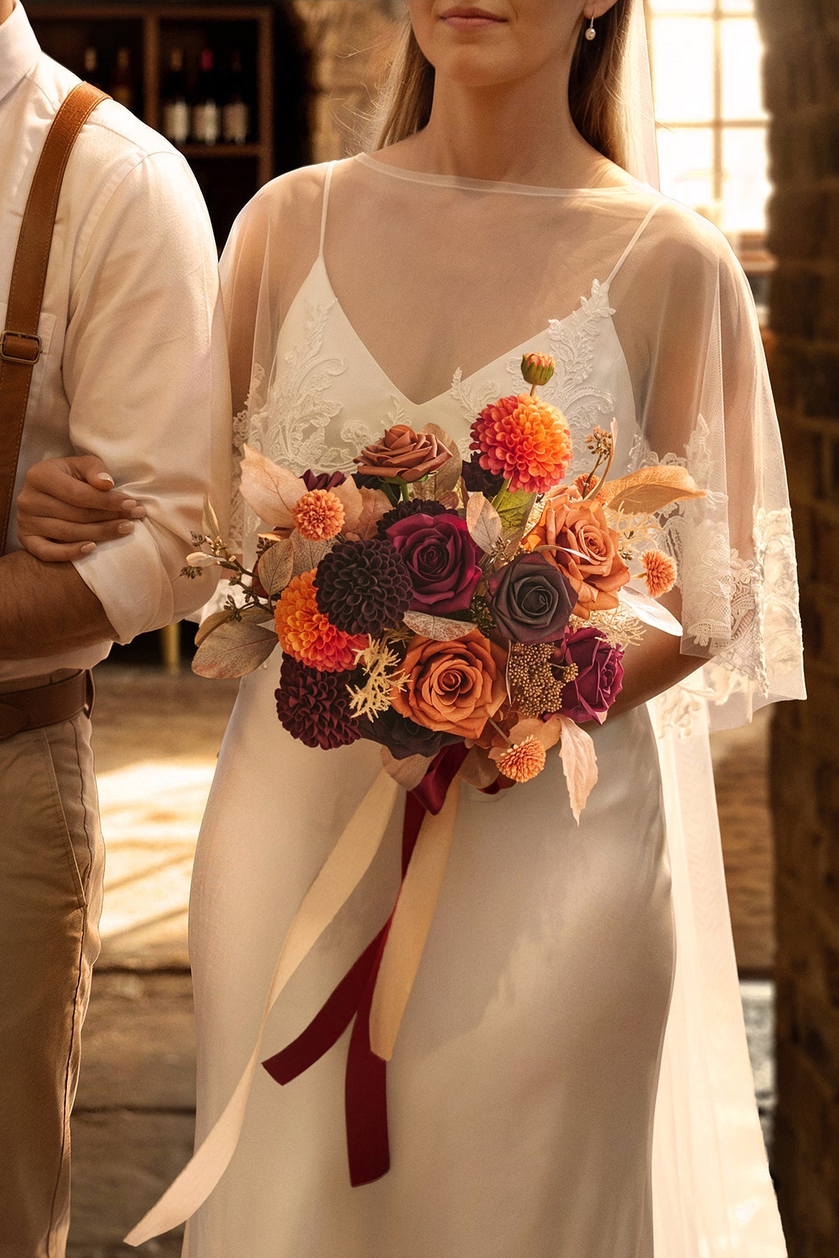 Small Free-Form Bridal Bouquet in Burgundy & Burnt Orange