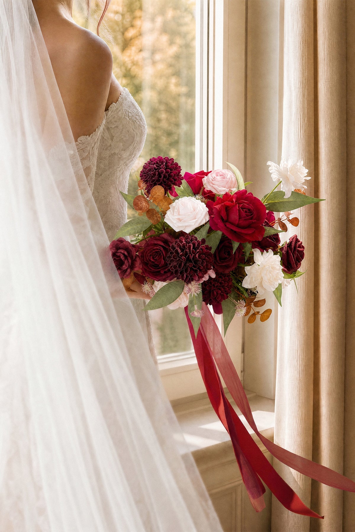 Small Free-Form Bridal Bouquet in Burgundy & Powder Pink