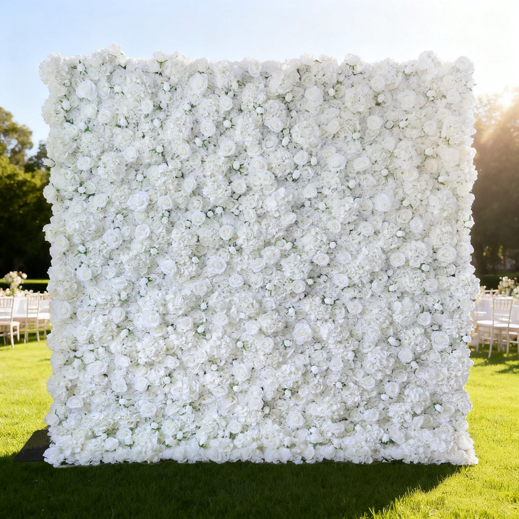 Valar Flowers Presents: White Blossom Bliss – A Dense Array of Roses in an Artificial Fabric Flower Wall-VF-157