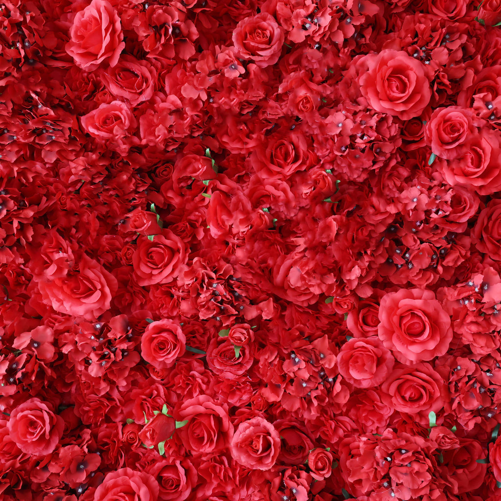 Valar Flowers Presents: Red Blossom Bliss – A Dense Array of Roses in an Artificial Fabric Flower Wall-VF-157-3