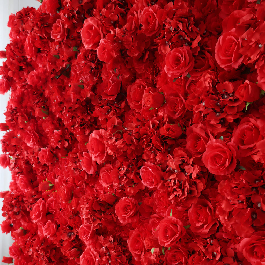 Valar Flowers Presents: Red Blossom Bliss – A Dense Array of Roses in an Artificial Fabric Flower Wall-VF-157-3