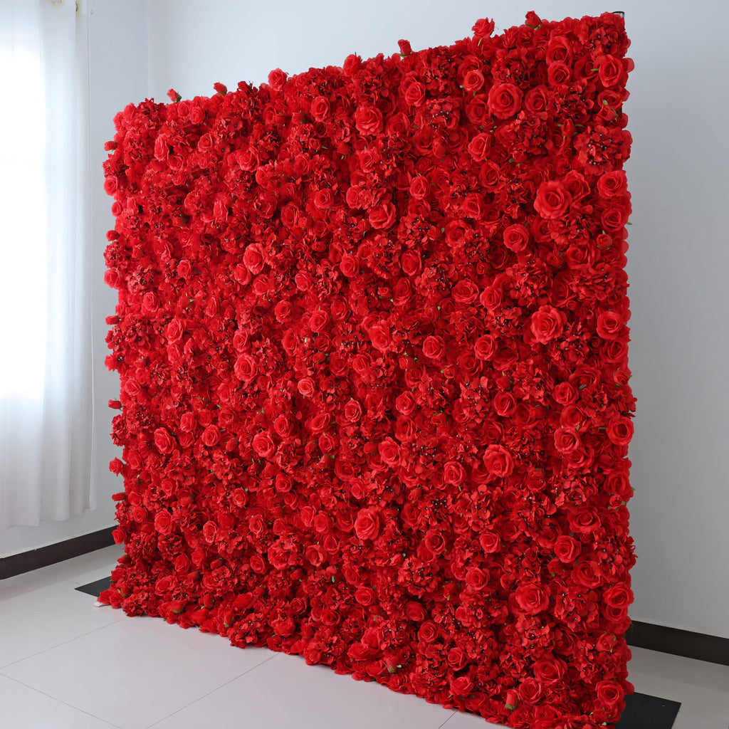 Valar Flowers Presents: Red Blossom Bliss – A Dense Array of Roses in an Artificial Fabric Flower Wall-VF-157-3