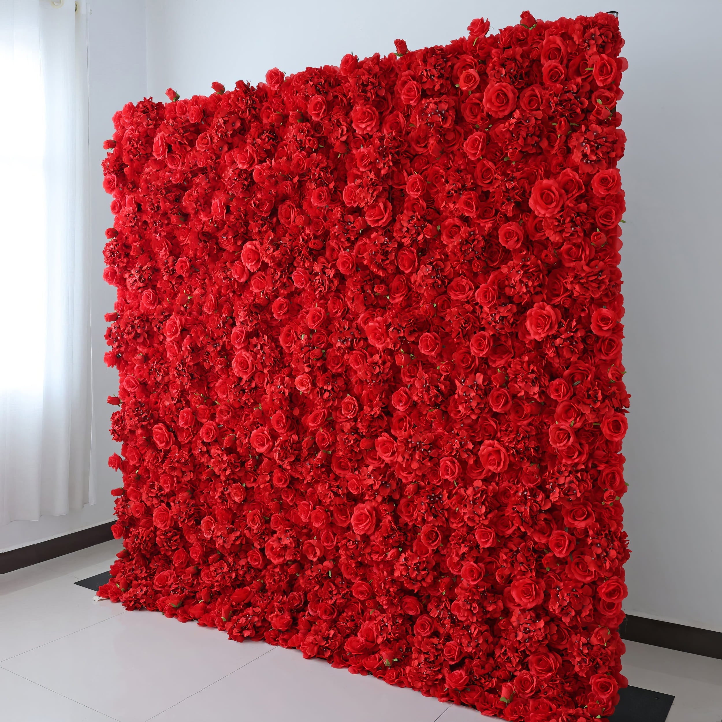 Valar Flowers Presents: Red Blossom Bliss – A Dense Array of Roses in an Artificial Fabric Flower Wall-VF-157-3