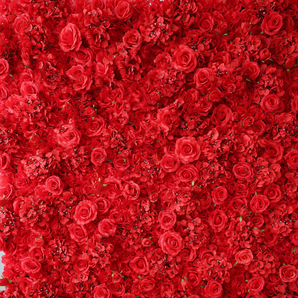 Valar Flowers Presents: Red Blossom Bliss – A Dense Array of Roses in an Artificial Fabric Flower Wall-VF-157-3