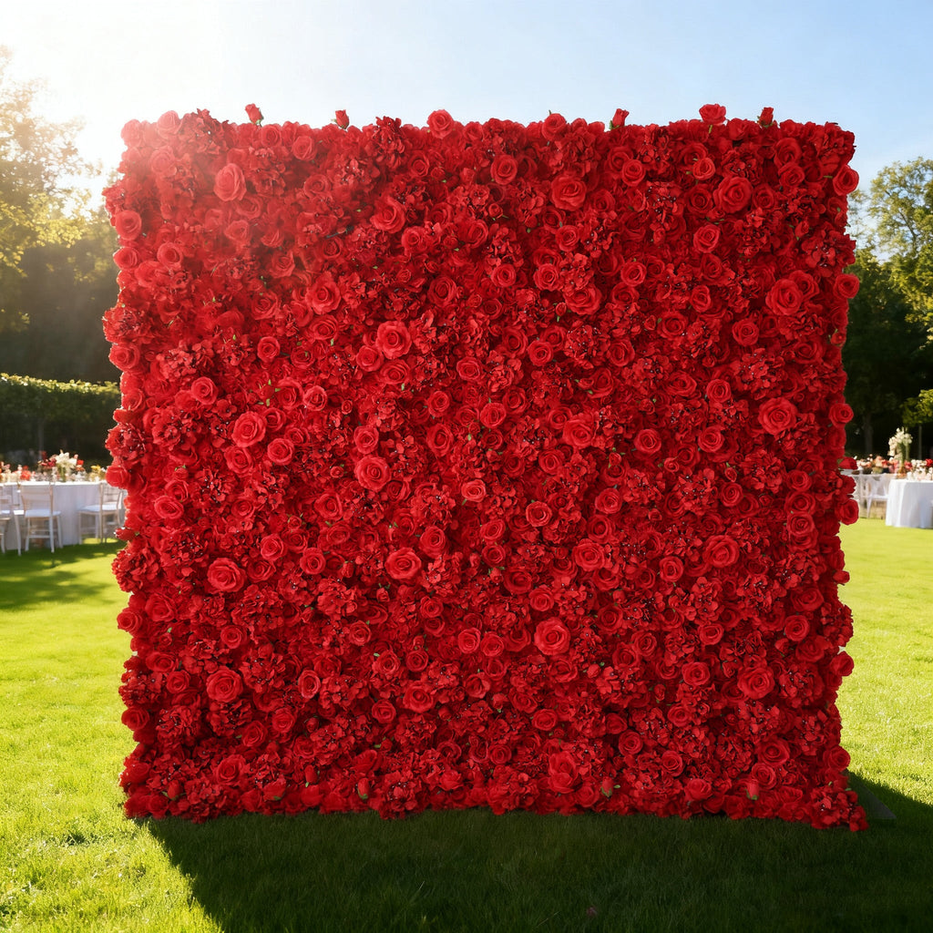 Valar Flowers Presents: Red Blossom Bliss – A Dense Array of Roses in an Artificial Fabric Flower Wall-VF-157-3