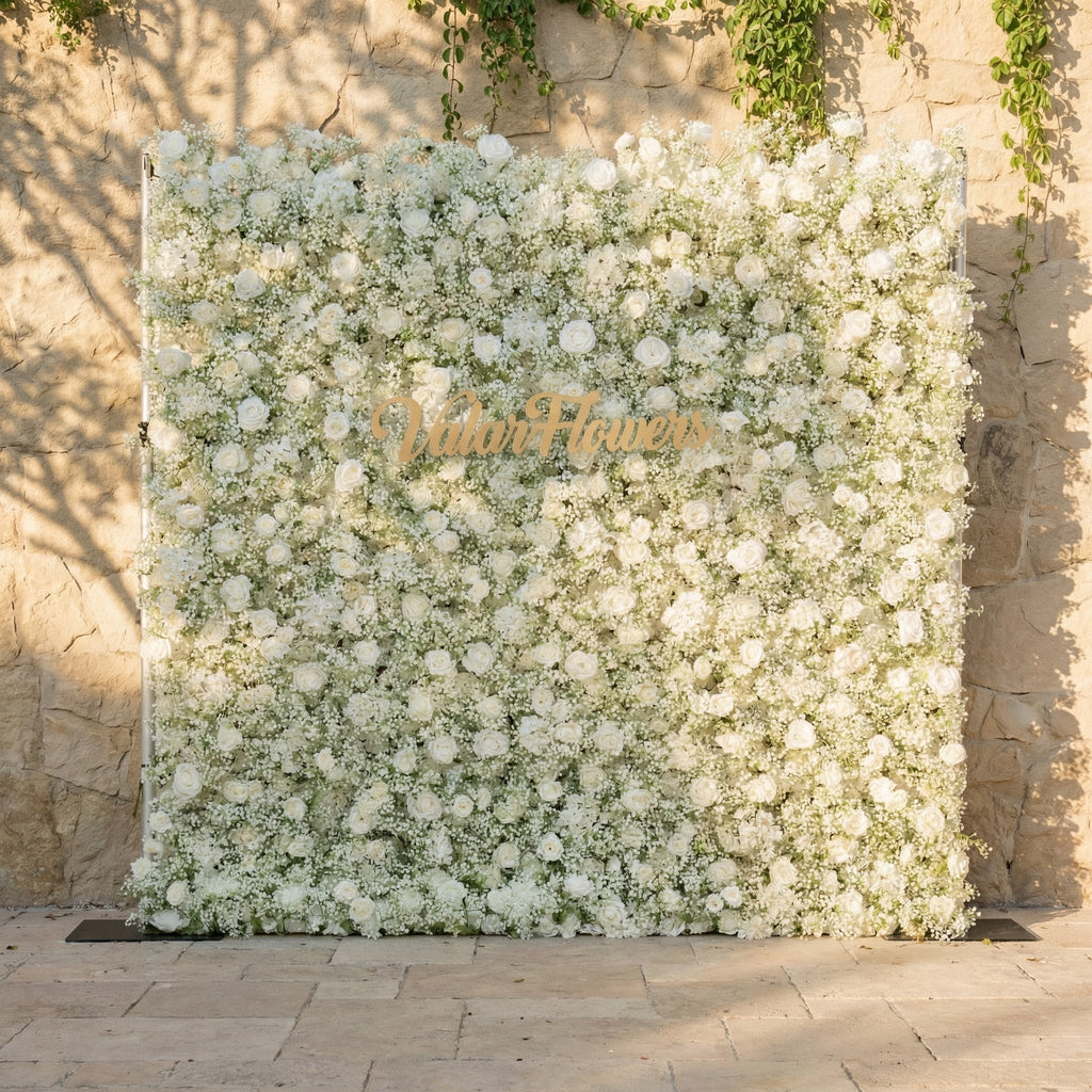ValarFlowers Artificial Floral Wall Backdrop: Serene Meadows Artificial Floral Wall Backdrop: White Rose & Baby's Breath Edition-VF-268-2