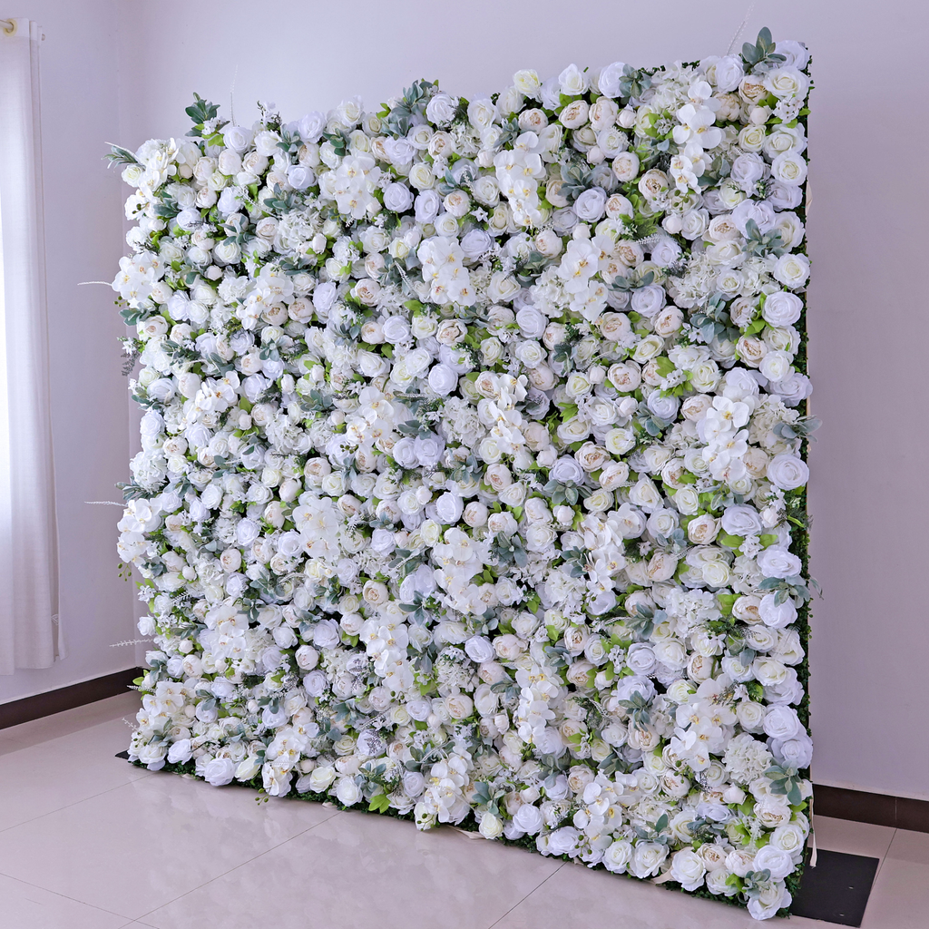 Gorgeous Flower Wall: A Fusion of Grace and Sturdiness with Pure White Artificial Flowers. Perfect for Weddings and Celebrations- Wedding Venues Celebration Floral Wall-VF-142
