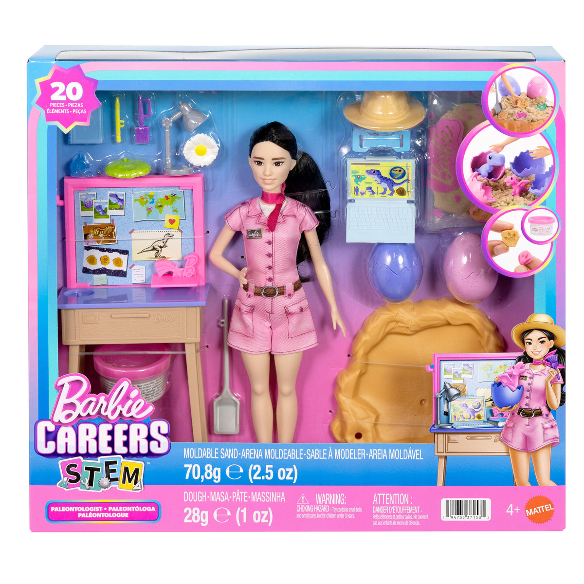 Barbie Careers Fashion Doll, Stem Paleontologist With Baby Dino, Themed Outfit, Dough & Sand Playset