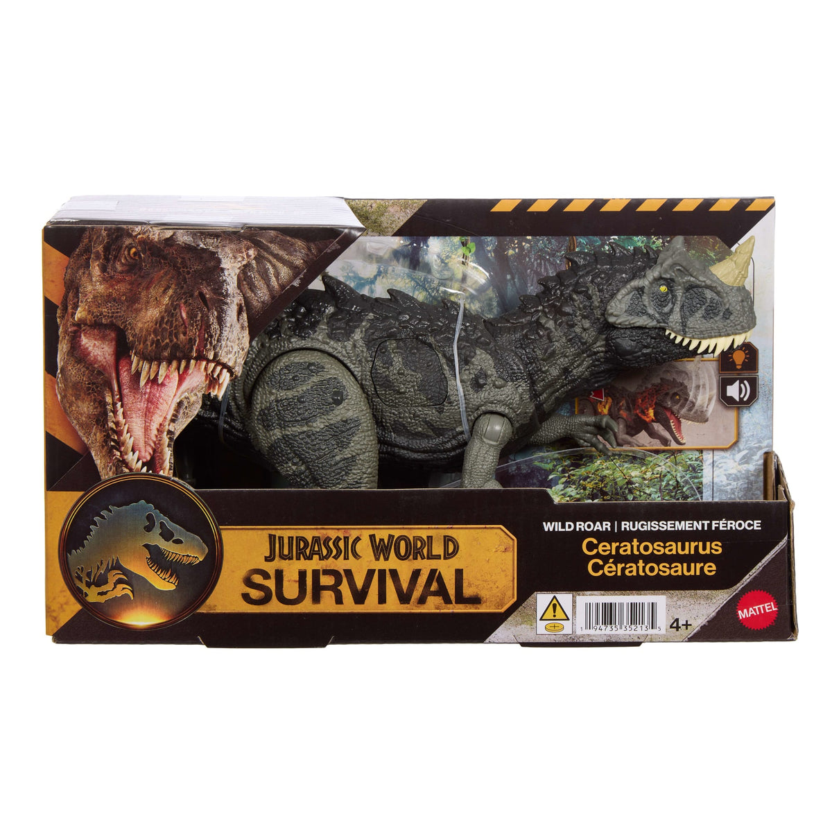 Jurassic World Wild Roar Ceratosaurus Dinosaur Action Figure Toy, Attack, Light & Sound, Scan Code