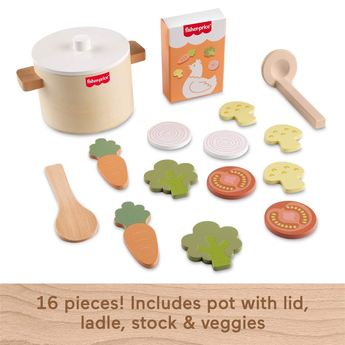 Fisher-Price Tiny Garden Wooden Veggie Soup Pretend Kitchen Play Set For Kids, 16 Wood Pieces