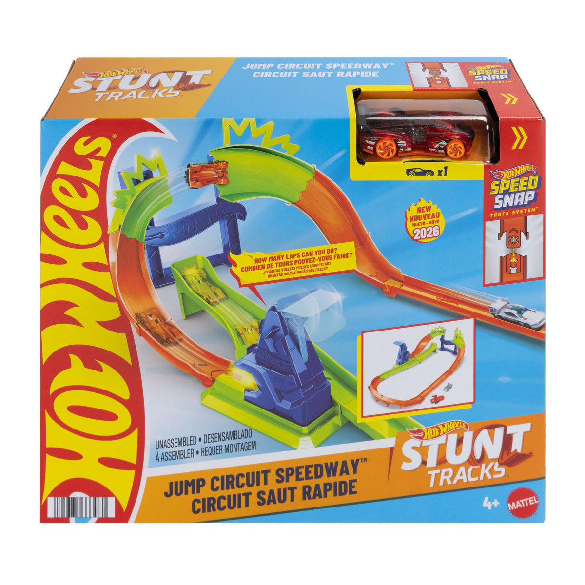 Hot Wheels Stunt Tracks Jump Circuit Speedway With 1:64 Scale Die-Cast Toy Car, 180-Degree Curve