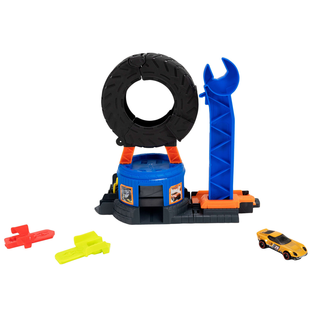 Hot Wheels City Downtown Tire Shop Playset & 1:64 Scale Toy Car, Speed Snap Track Compatible