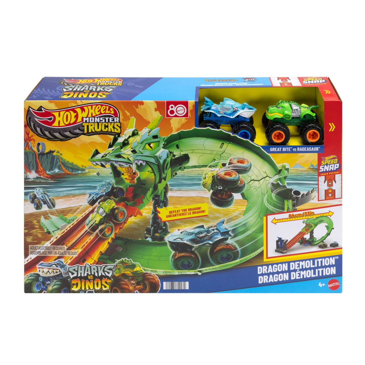 Hot Wheels Monster Trucks Sharks vs Dinos Dragon Destruction Playset & 2 Toy Trucks